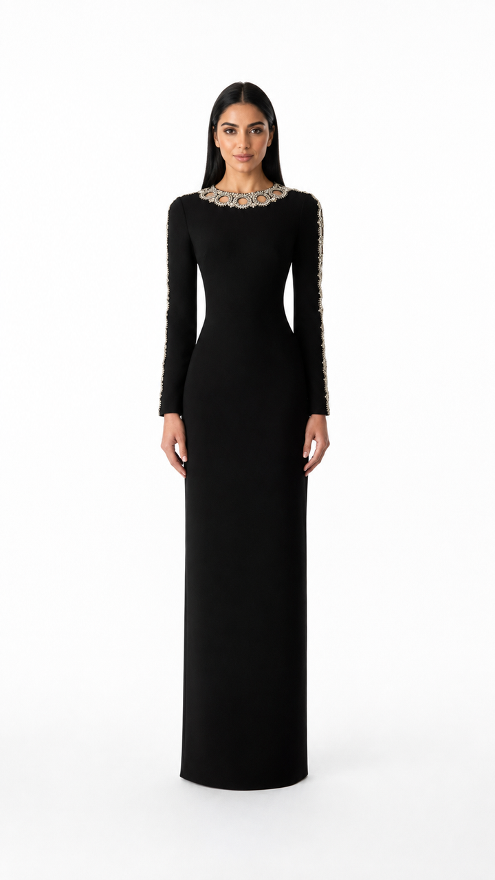 long-sleeve column dress with embellished neckline – AUREANU