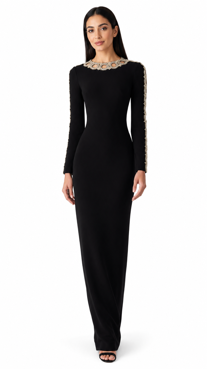 long-sleeve column dress with embellished neckline – AUREANU