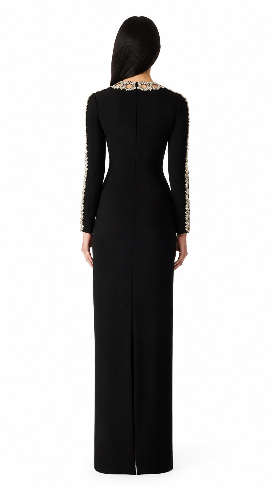 long-sleeve column dress with embellished neckline – AUREANU