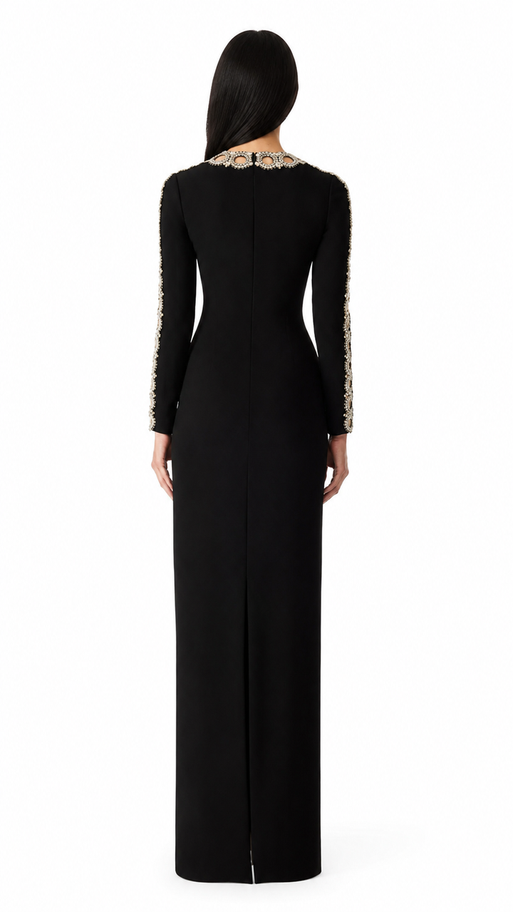 long-sleeve column dress with embellished neckline – AUREANU