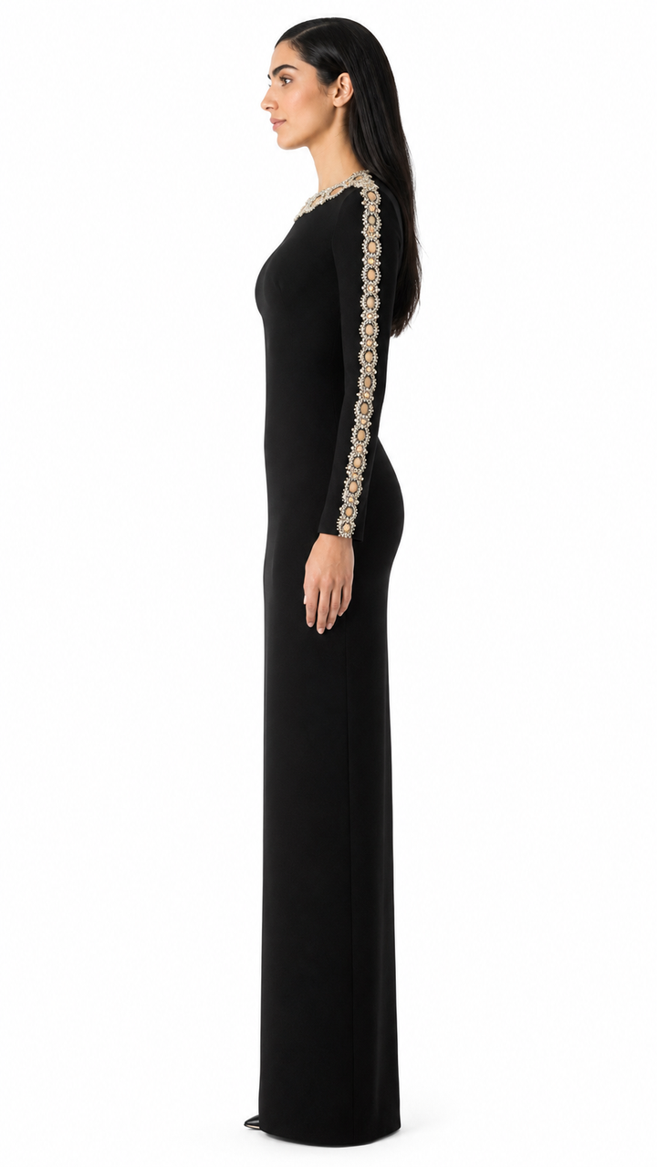 long-sleeve column dress with embellished neckline – AUREANU