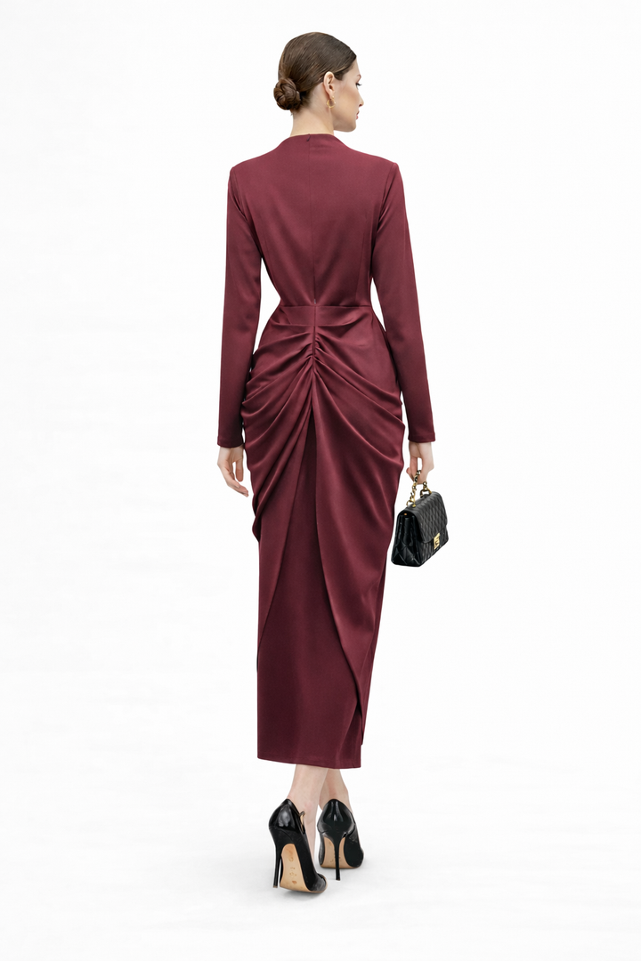 long sleeve draped waist midi dress with brooch detail – MOHMOYD