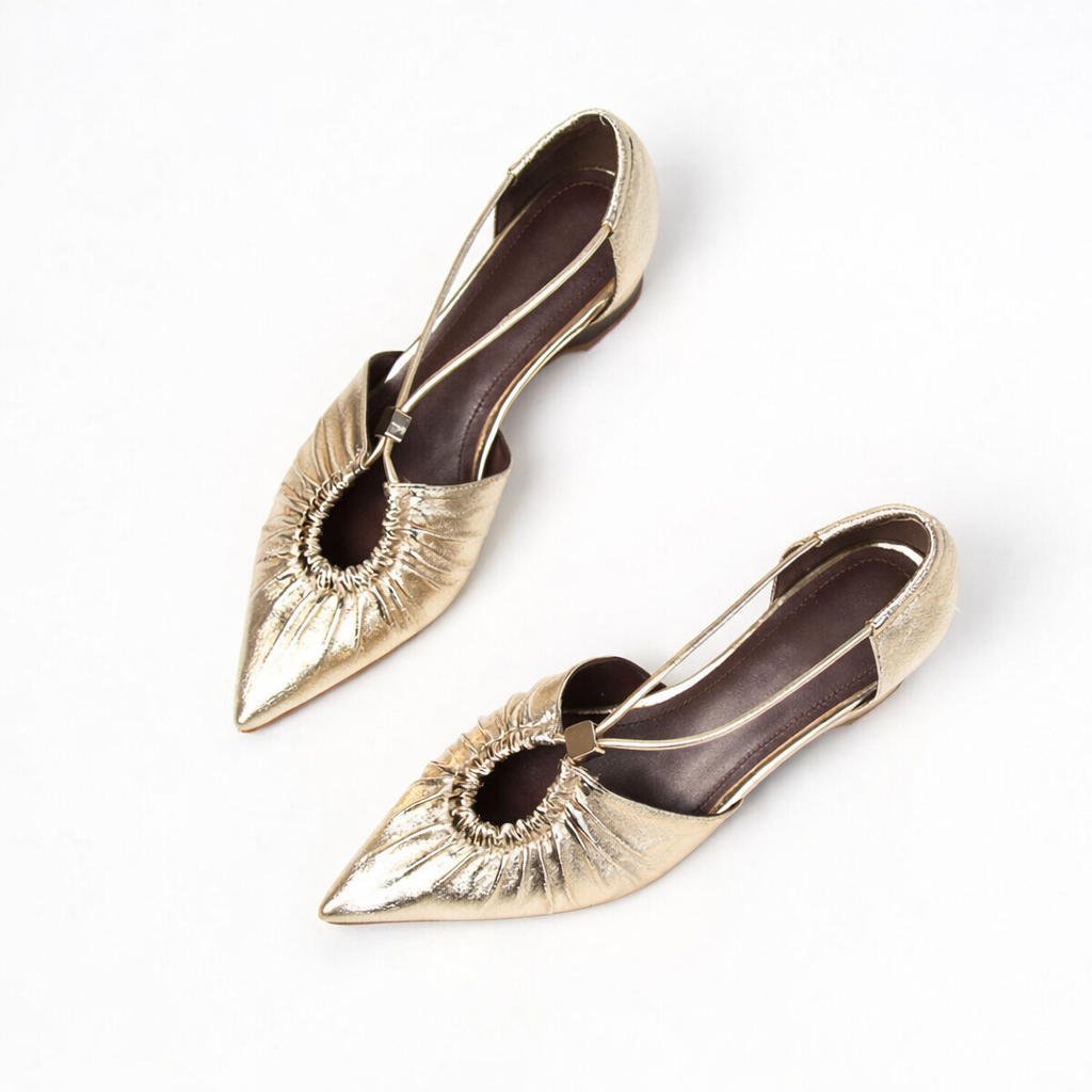 pointed-toe ruched flats with delicate strap detail – NOELIA