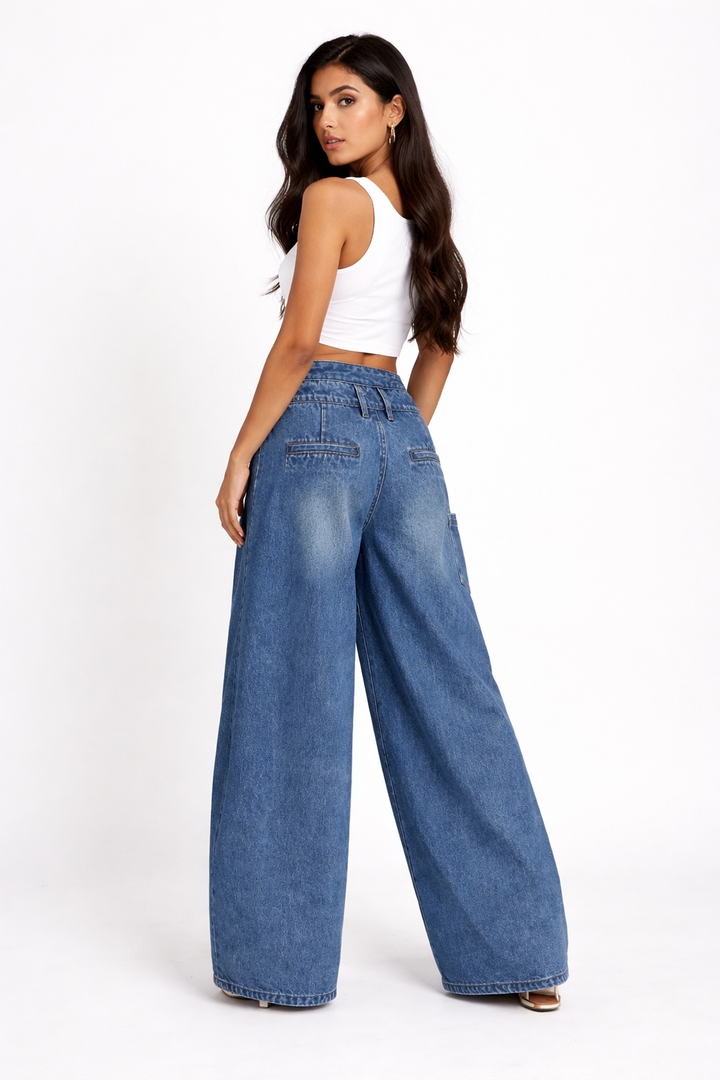 high-waist layered wrap wide-leg denim pants – NOVA