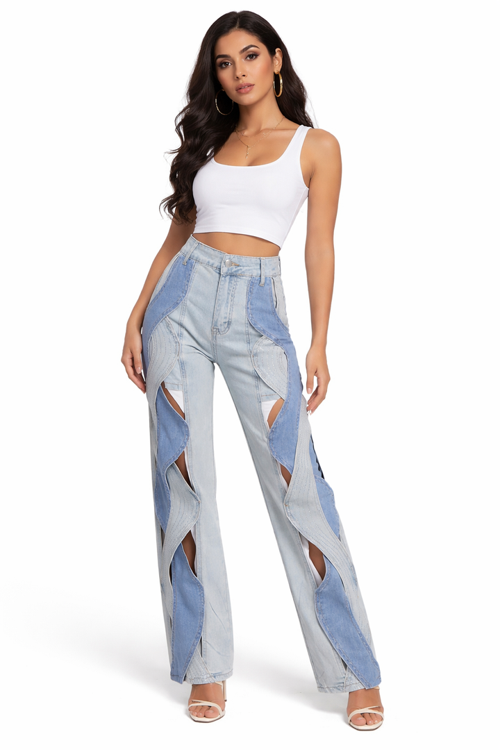 patchwork cut-out straight-leg jeans with layered wave panels – RHYTHM