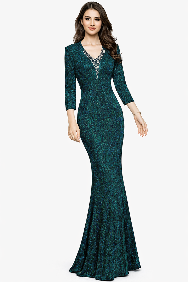 Long-Sleeve Shimmer Gown with Embellished V-Neck – EMERALD