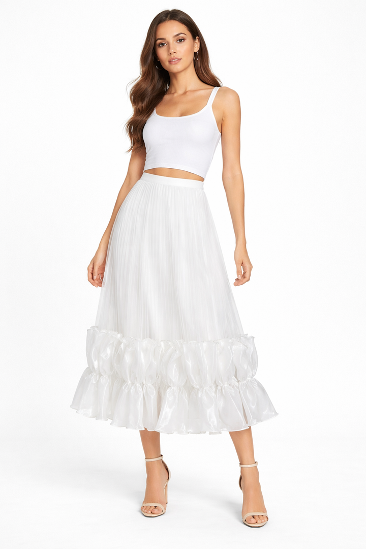 pleated mesh maxi skirt with ruffle hem – ODY