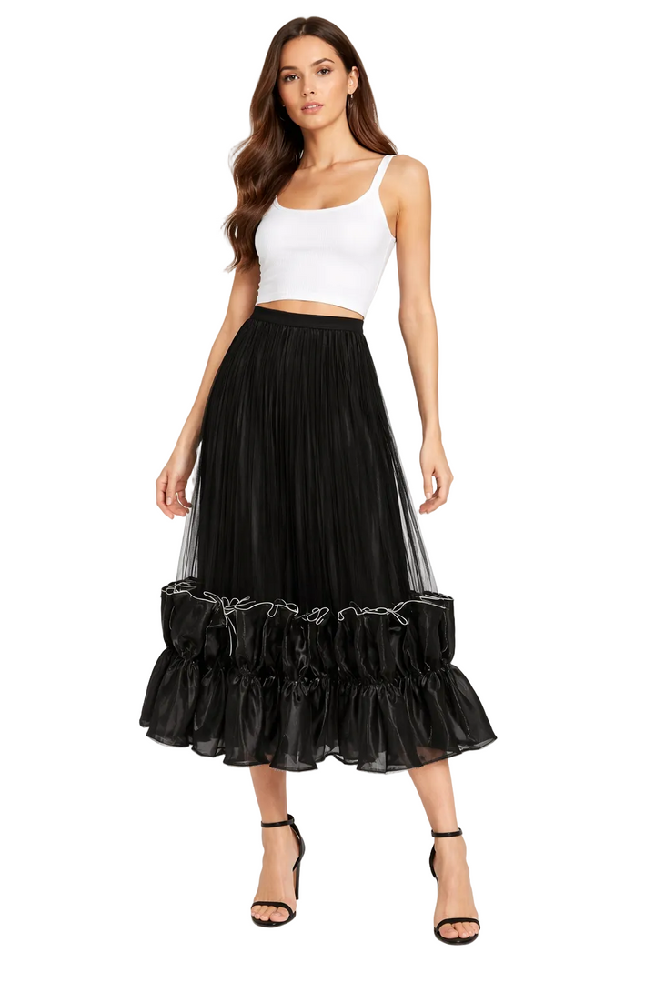 pleated mesh maxi skirt with ruffle hem – ODY