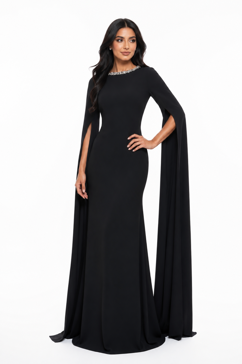 cape-sleeve column gown with crystal neckline – MINTA-1