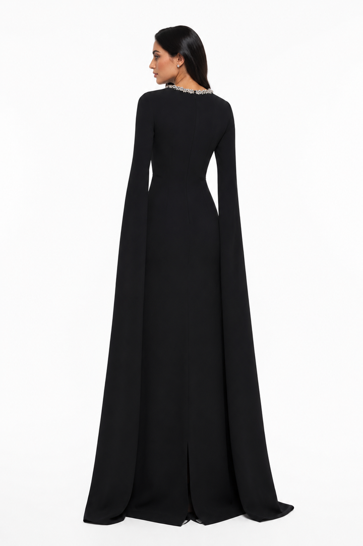 cape-sleeve column gown with crystal neckline – MINTA-1