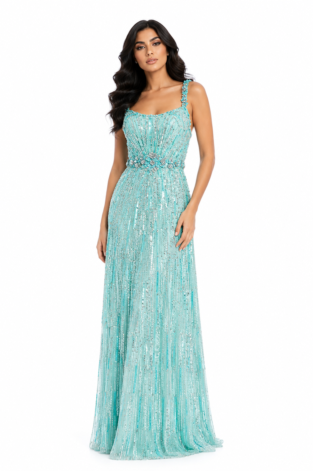 sleeveless sequin column dress with crystal waist – AQUA