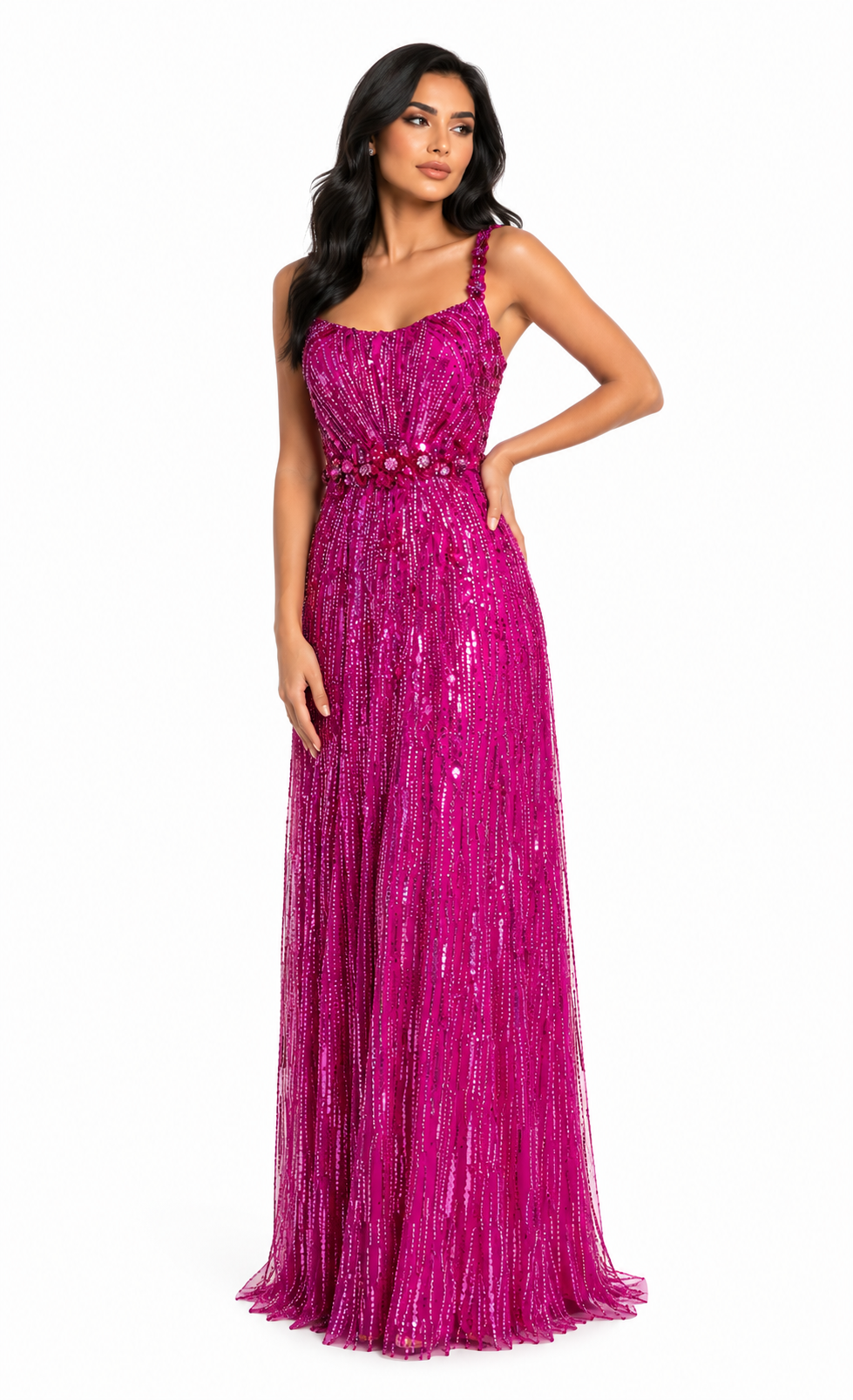 sleeveless sequin column dress with crystal waist – AQUA