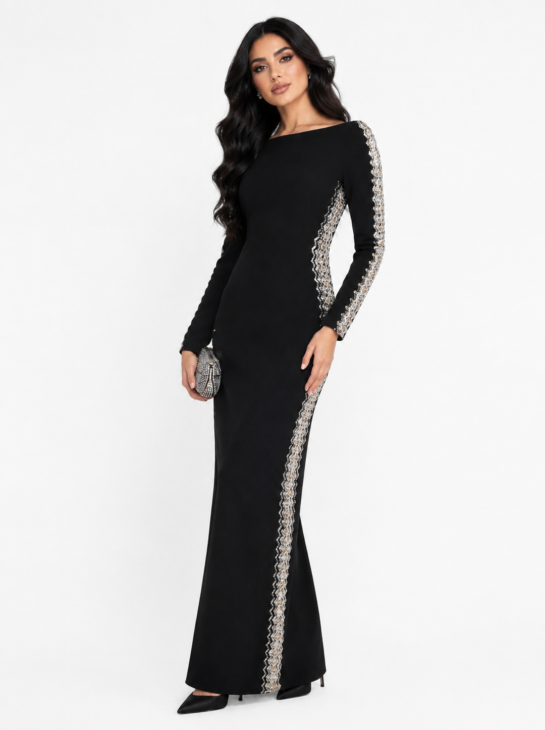 long-sleeve column gown with crystal side embellishments – NOVK