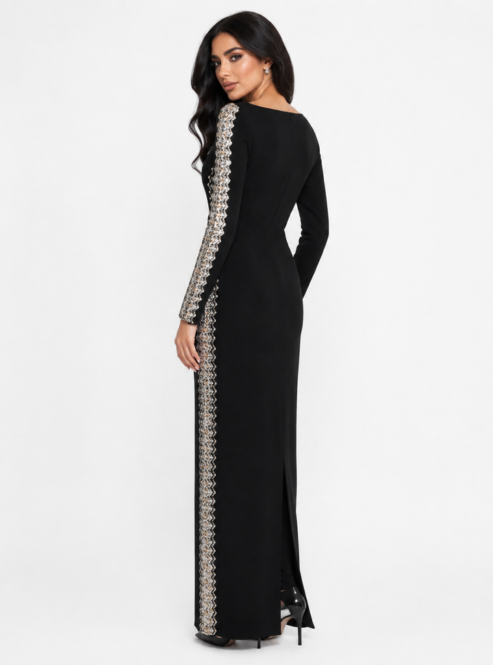 long-sleeve column gown with crystal side embellishments – NOVK