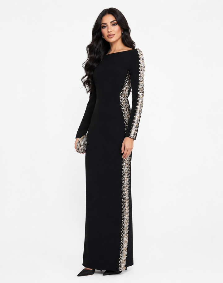 long-sleeve column gown with crystal side embellishments – NOVK