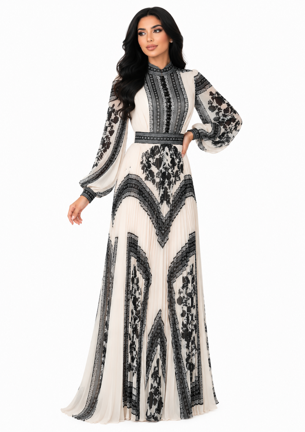 printed pleated gown with high neck and bishop sleeves – ISOLDE