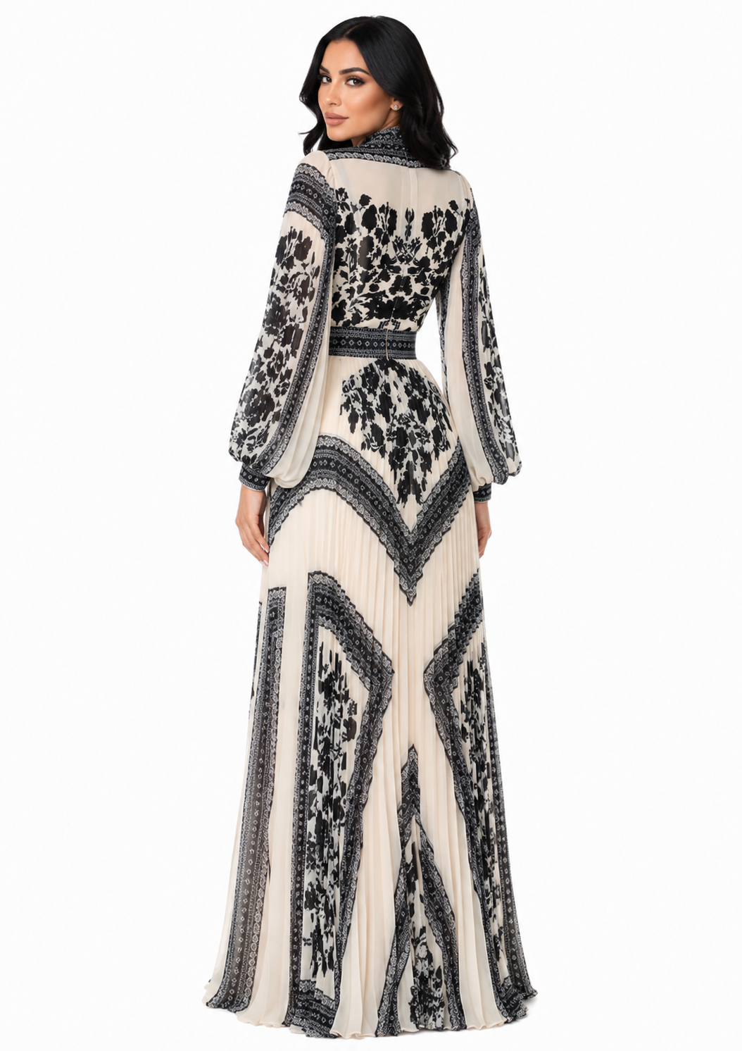 printed pleated gown with high neck and bishop sleeves – ISOLDE