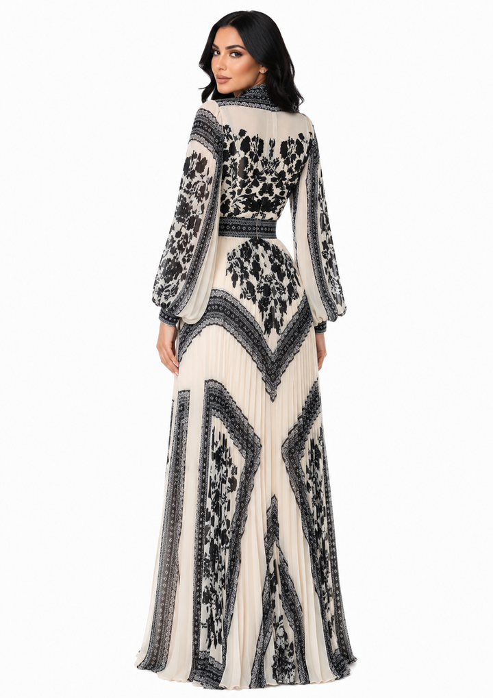 printed pleated gown with high neck and bishop sleeves – ISOLDE