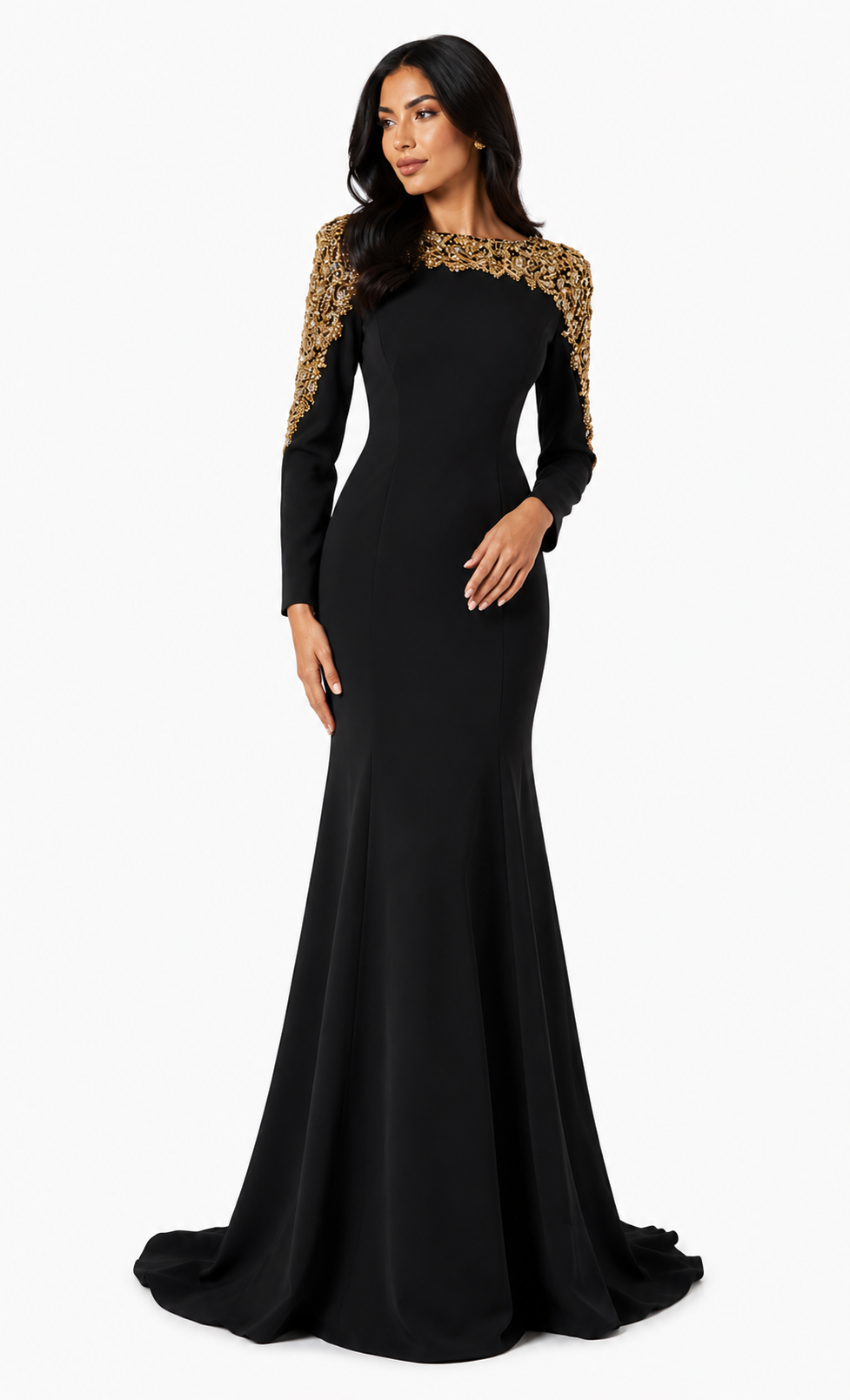 long sleeve flared gown with gold embellished cape detail – ORABEL
