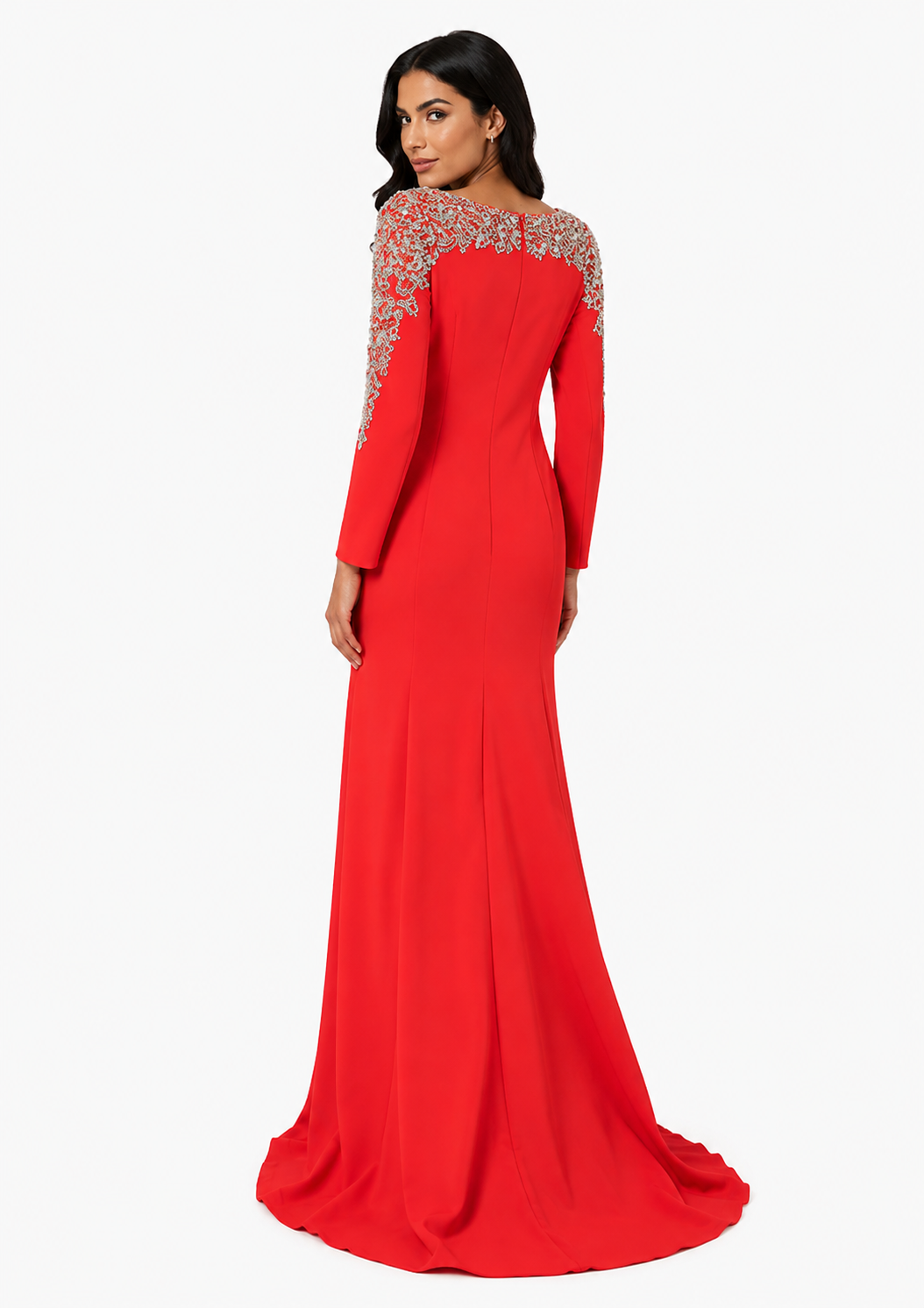 long sleeve flared gown with gold embellished cape detail – ORABEL