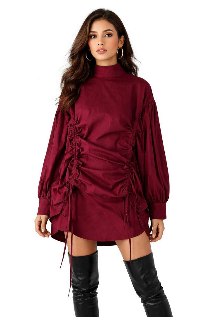 long sleeve ruched high-neck blouse with drawstring detail – RUBINA