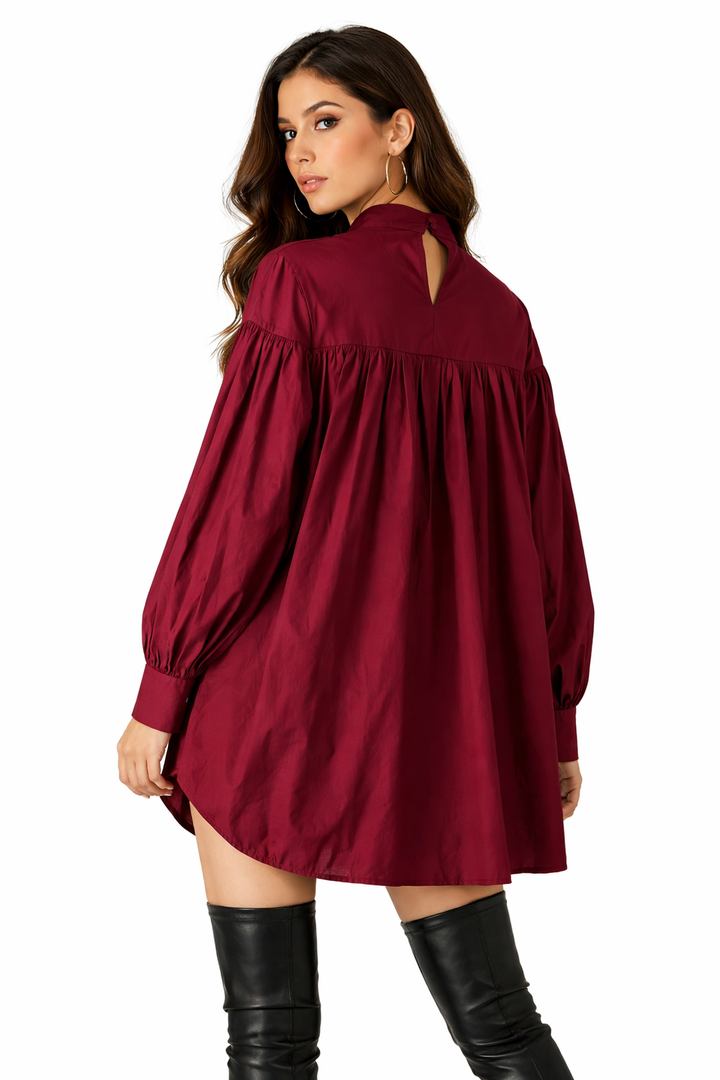 long sleeve ruched high-neck blouse with drawstring detail – RUBINA