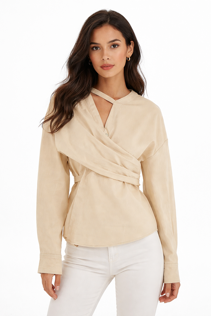 wrap tie-waist blouse with asymmetric neckline – AZURE