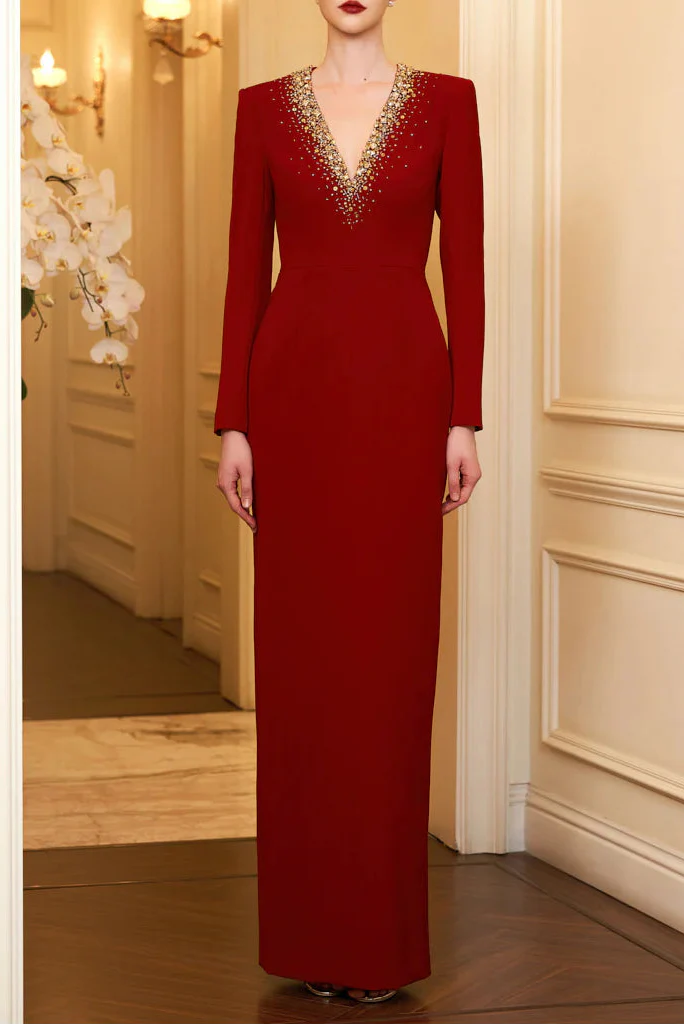 long-sleeve column gown with embellished V-neck – ODD- RUBYE
