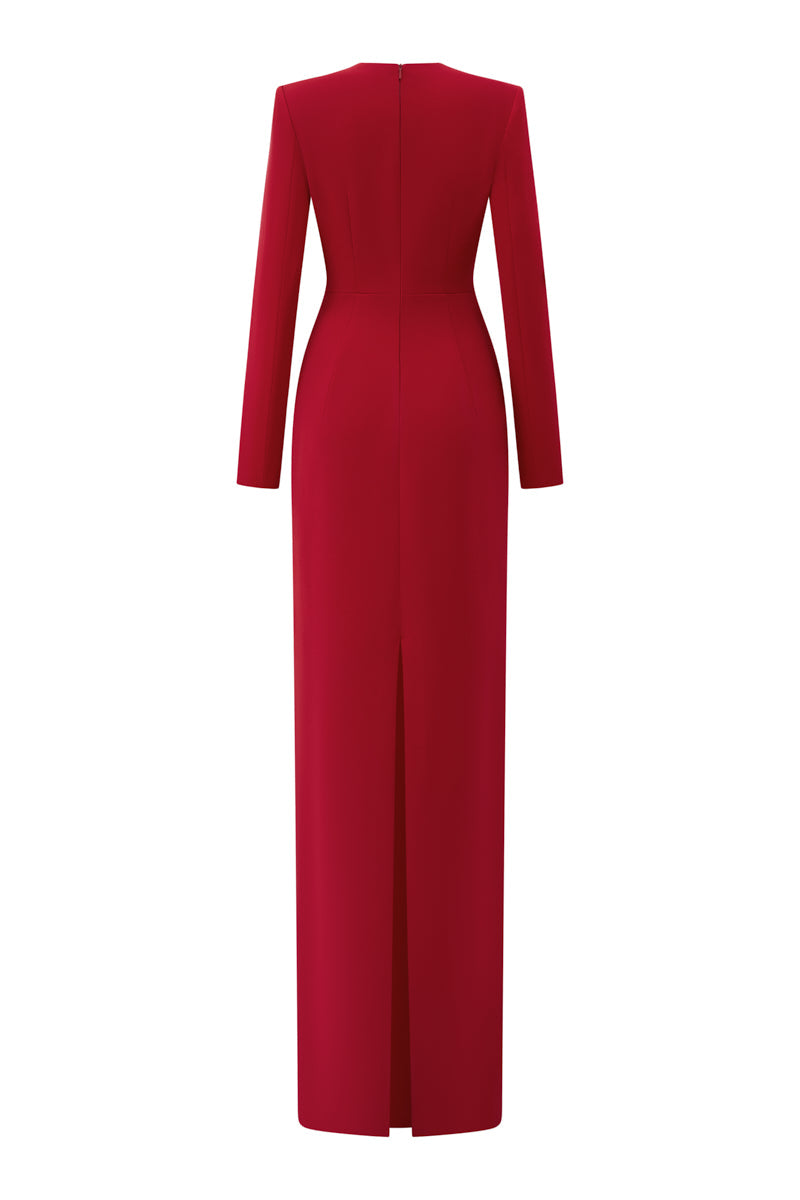 long-sleeve column gown with embellished V-neck – RUBYE