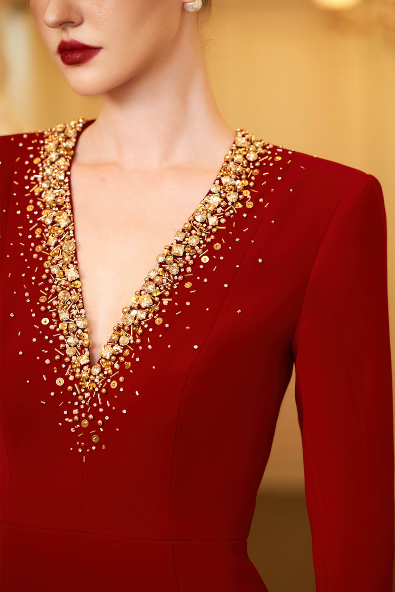 long-sleeve column gown with embellished V-neck – ODD- RUBYE