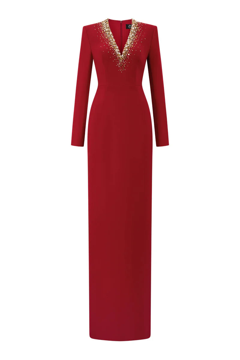 long-sleeve column gown with embellished V-neck – ODD- RUBYE