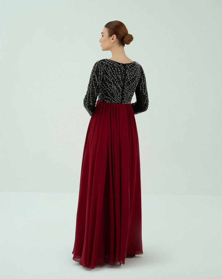 Long sleeve beaded dress with V neckline -ODD-GISELLE