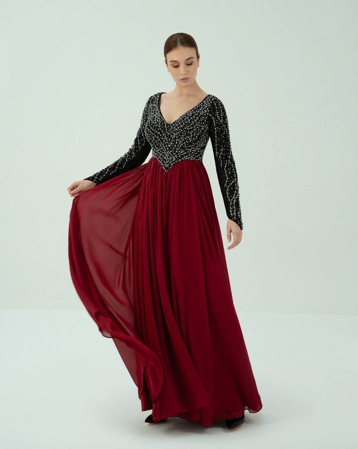 Long sleeve beaded dress with V neckline -ODD-GISELLE