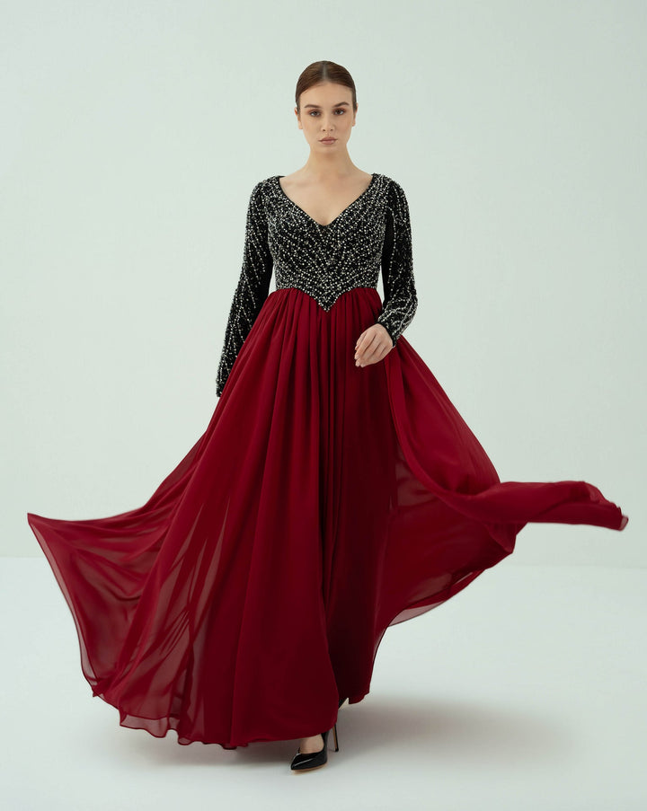 Long sleeve beaded dress with V neckline -ODD-GISELLE