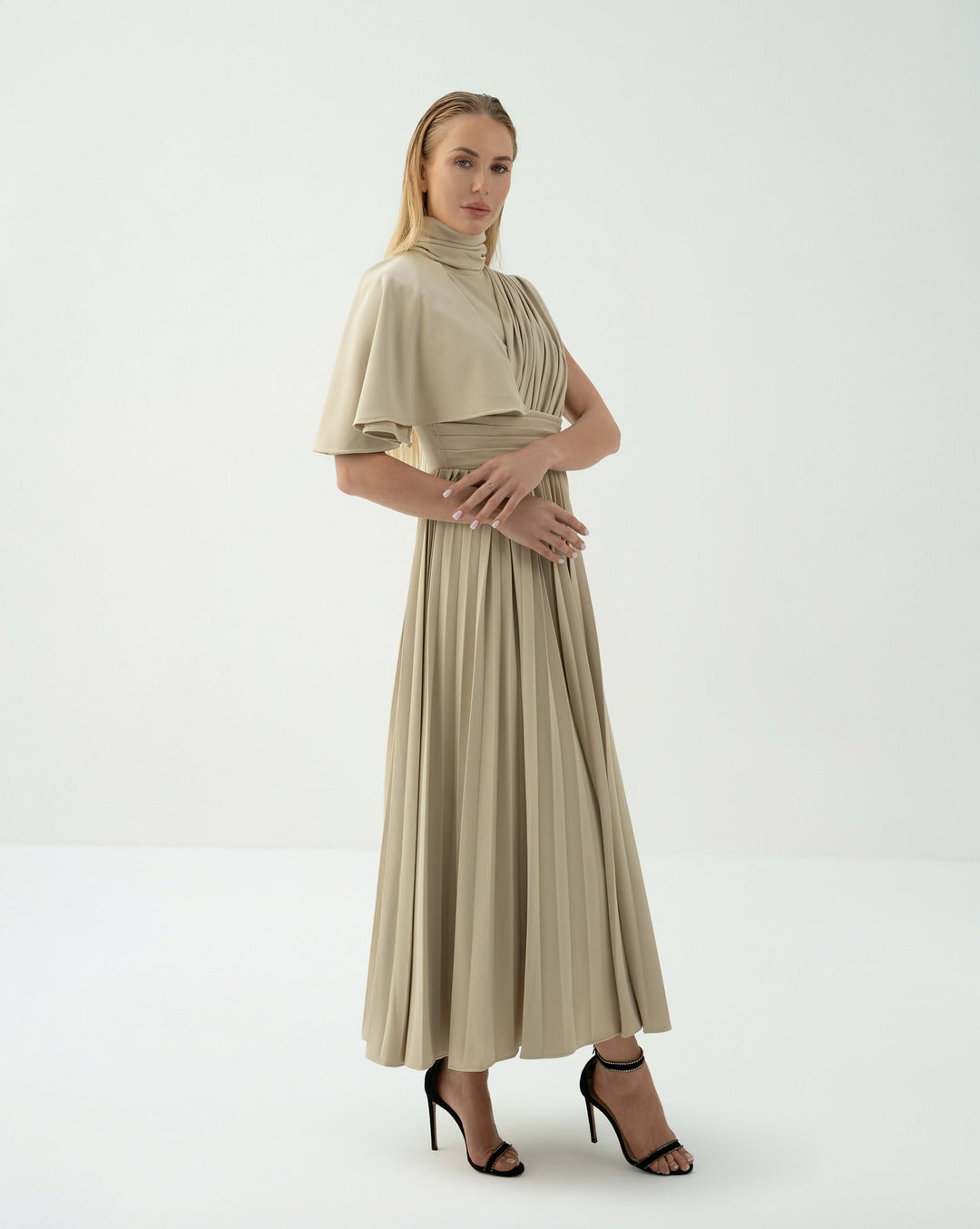 Asymmetric Pleated Midi Dress with Draped Shoulder -ODD-SANDRA