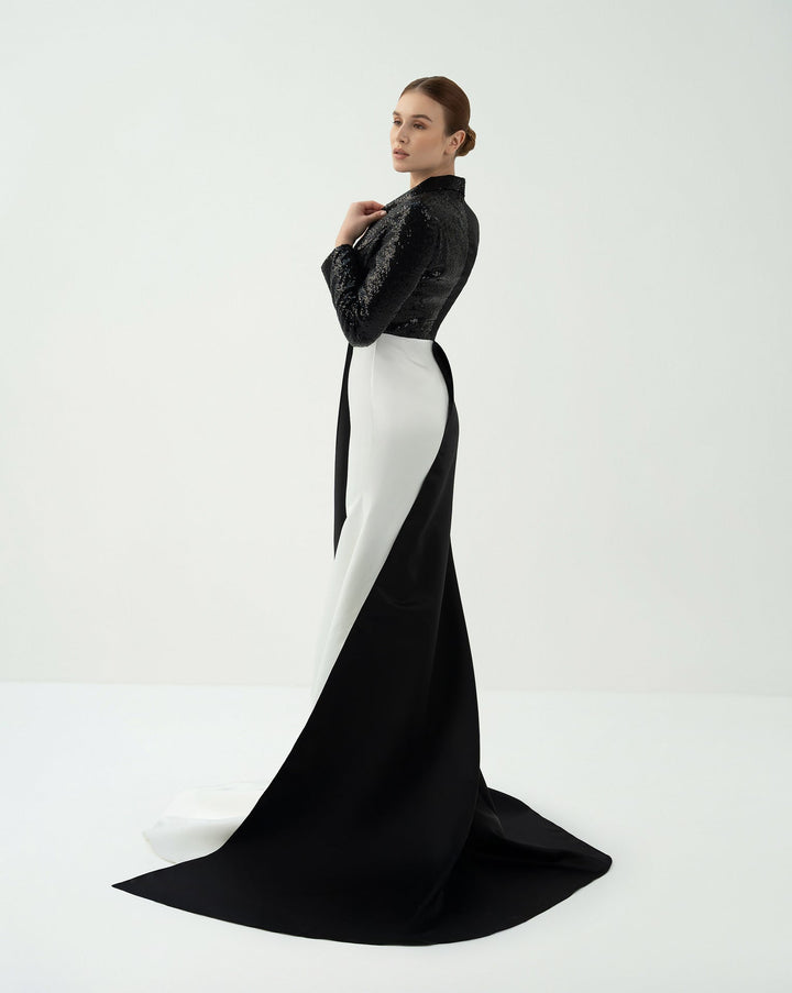 Tuxedo-Inspired Gown with Contrasting Train – ODD-Hasniya