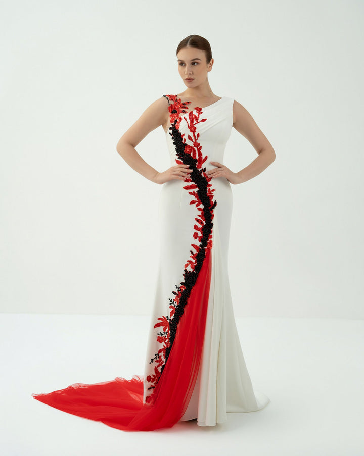 Asymmetric Embellished Gown with Tulle Train -ODD-Teresa