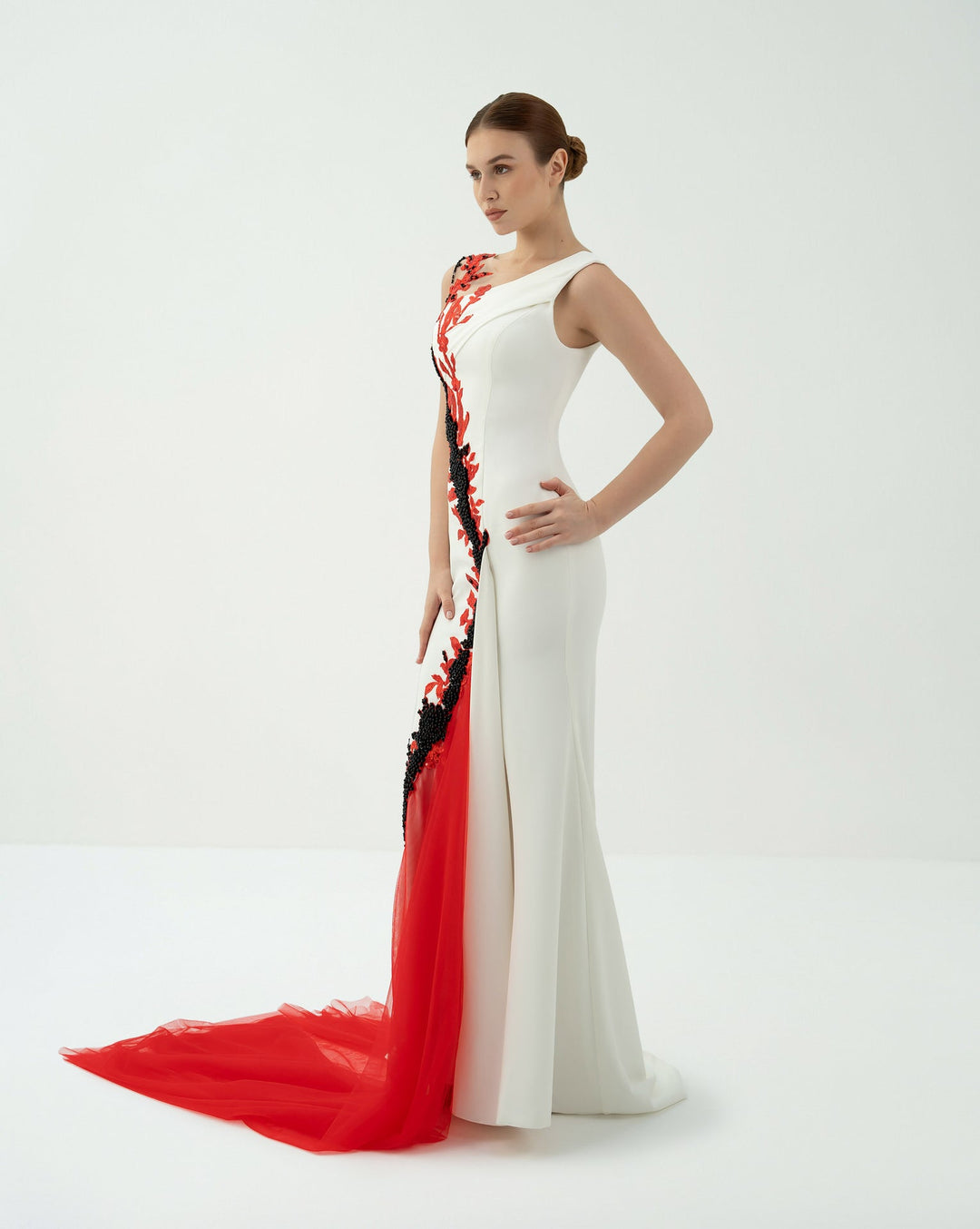 Asymmetric Embellished Gown with Tulle Train -ODD-Teresa