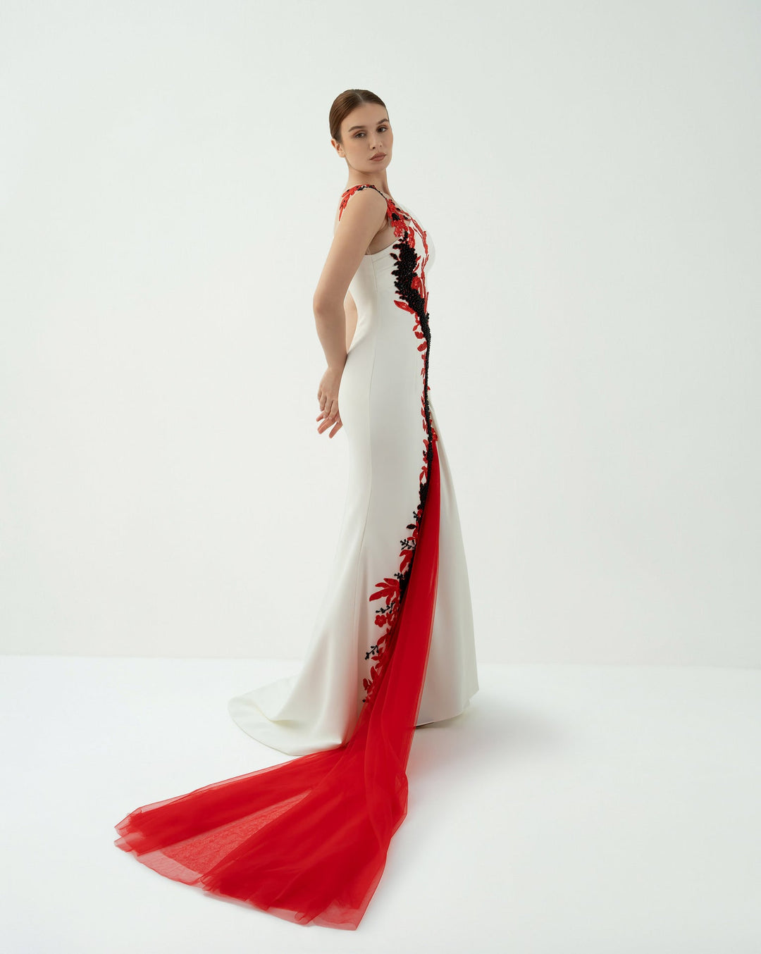 Asymmetric Embellished Gown with Tulle Train -ODD-Teresa