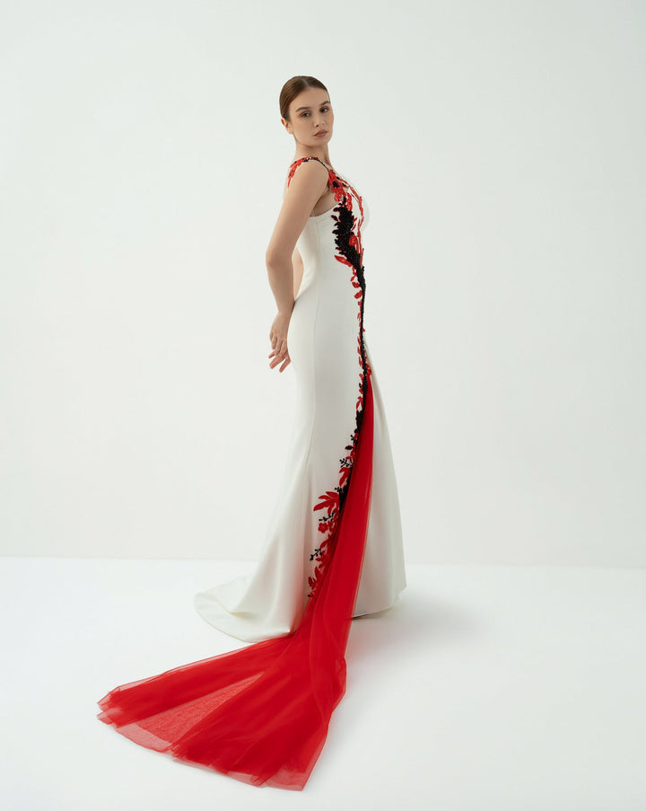 Asymmetric Embellished Gown with Tulle Train -ODD-Teresa