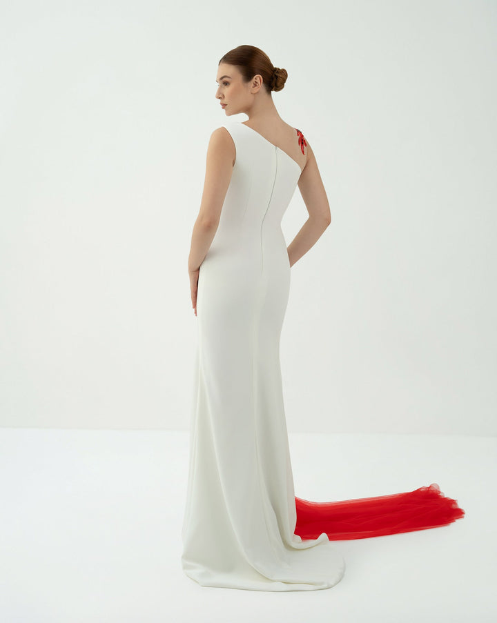 Asymmetric Embellished Gown with Tulle Train -ODD-Teresa