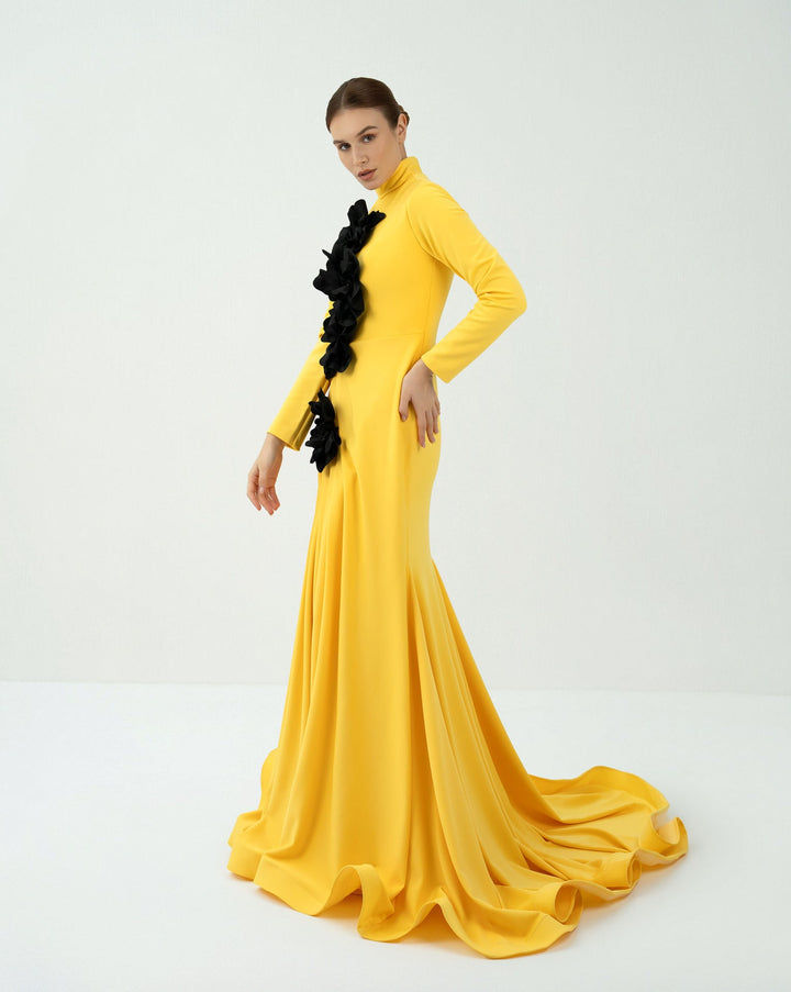 Draped dress with 3D flowers and mazi train - ODD-ASTRID
