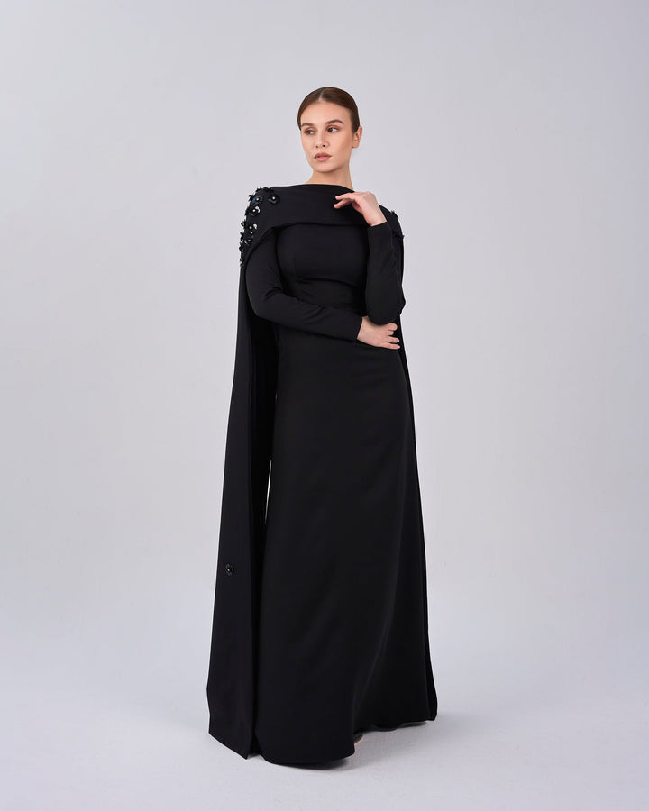 Black dress with folded neckline and flowered back cape - SIENA