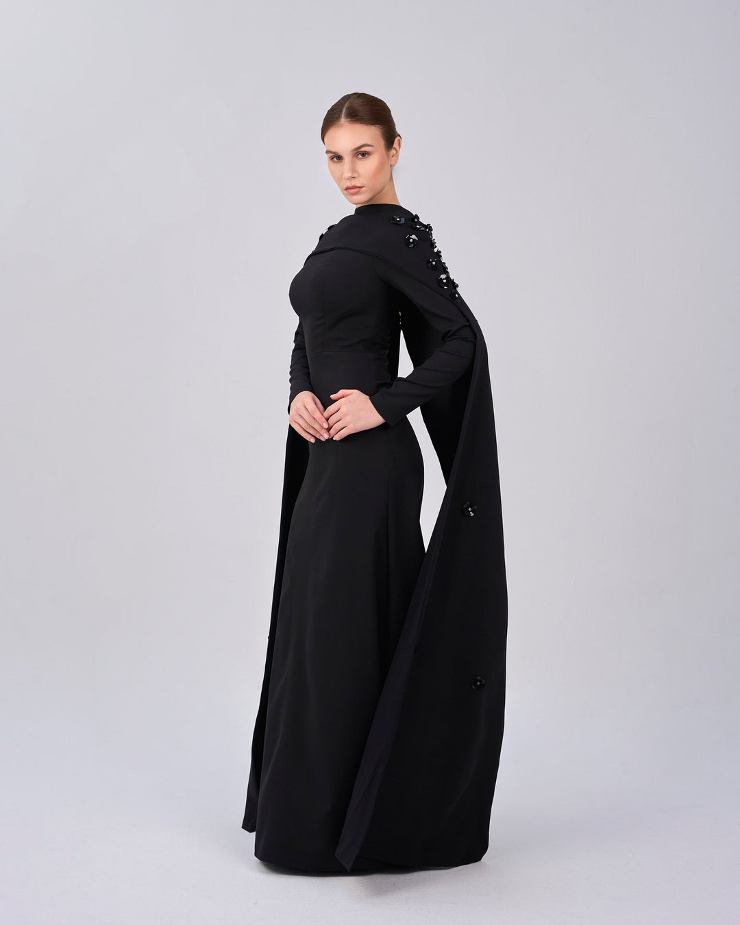 Black dress with folded neckline and flowered back cape - SIENA