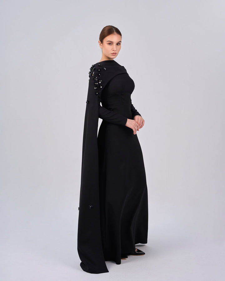 Black dress with folded neckline and flowered back cape - SIENA