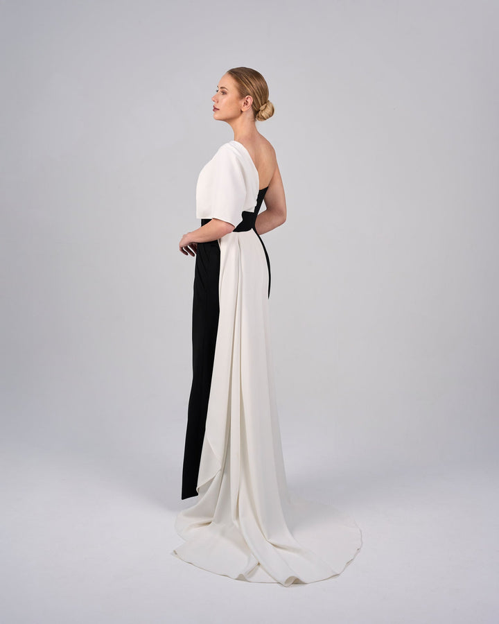 Strapless column dress with shoulder ruffle and train -ODD-ANIKA
