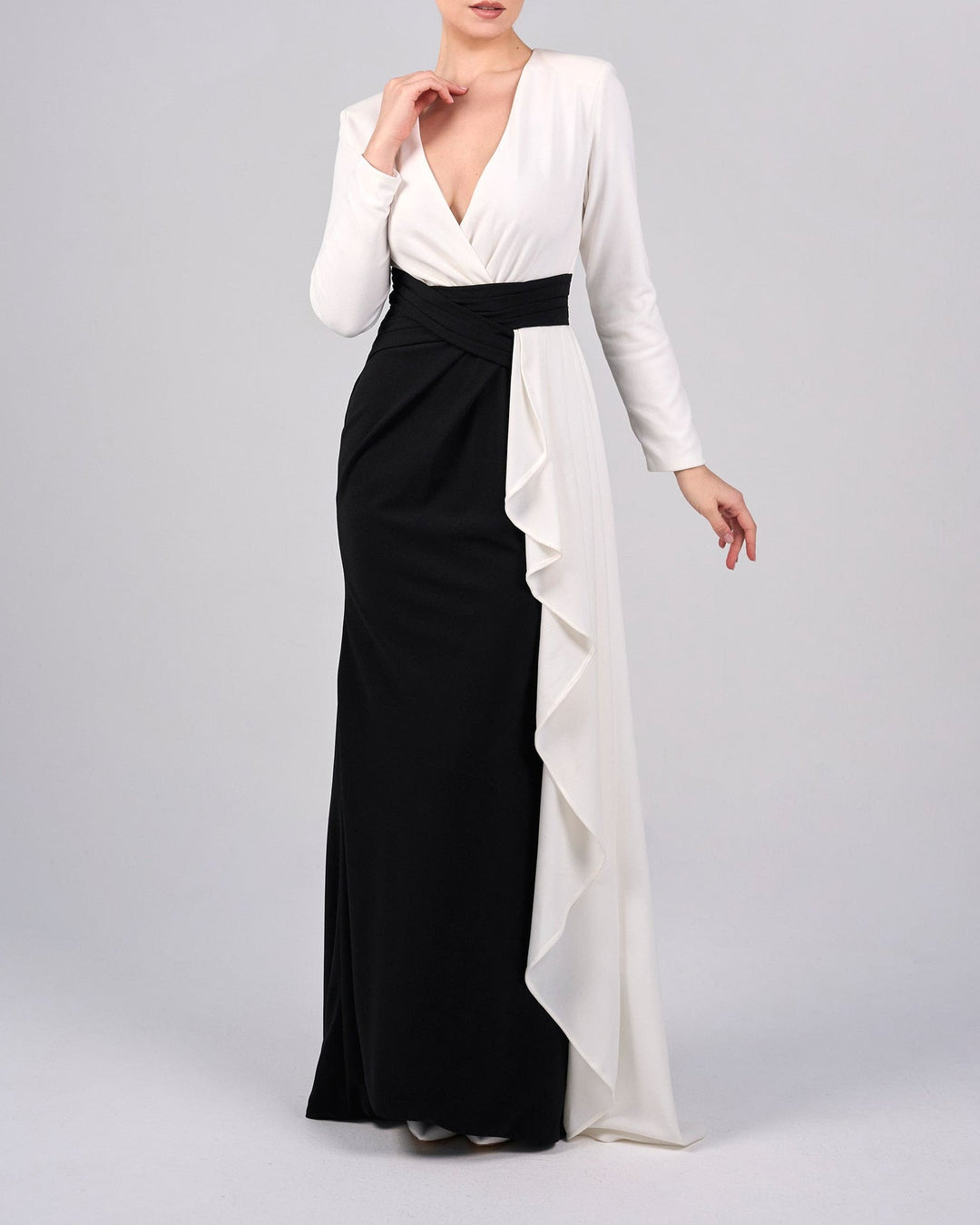 Draped V-neckline dress with ruffle-ODD-Juliah