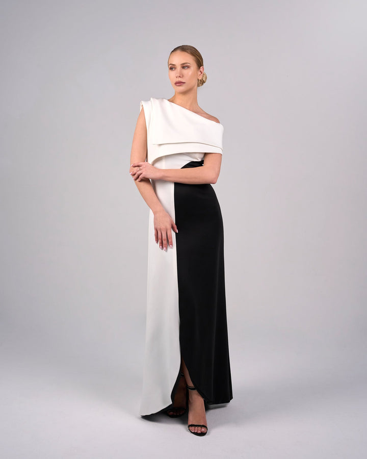 Shoulder off bicolour dress with geometrical shapes - ODD-AILLE