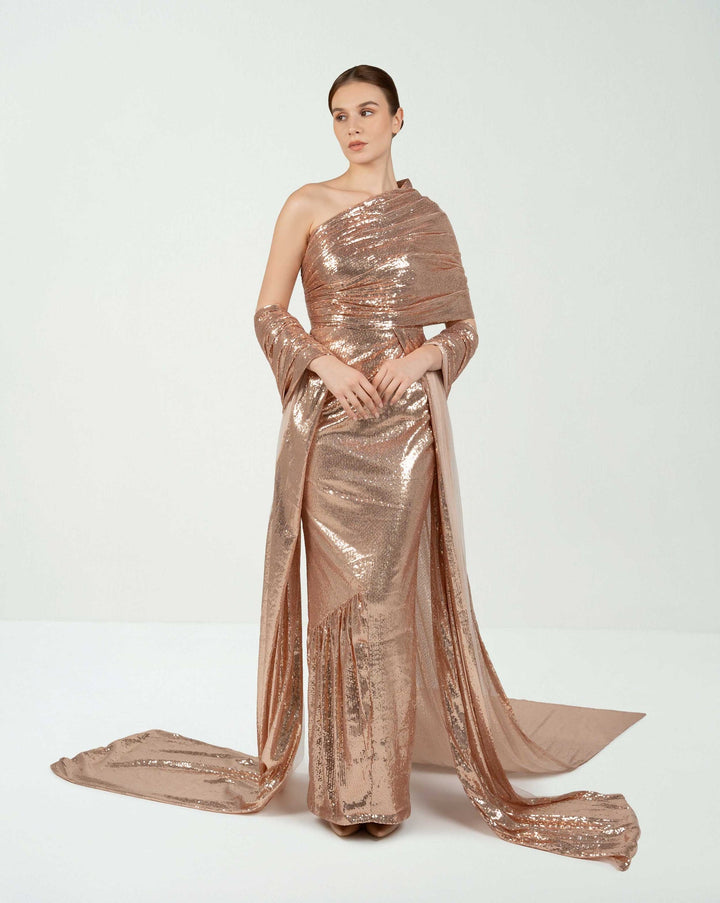 Draped sequined dress with train and shawl  - ODD - CELINE