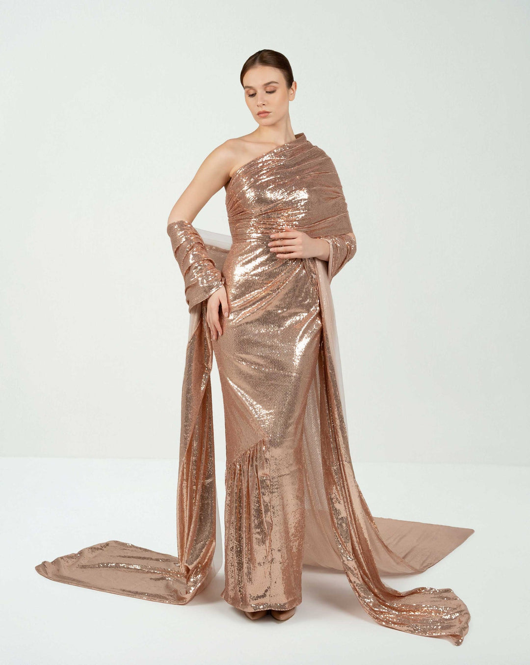 Draped sequined dress with train and shawl  - ODD - CELINE